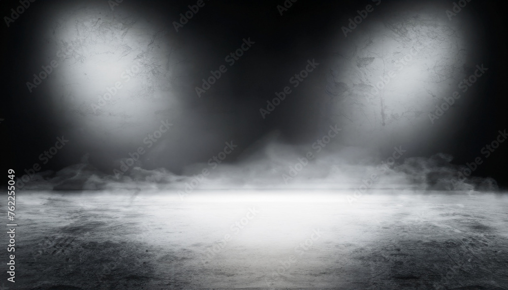 Poster empty space of studio dark room concrete floor grunge texture background with spot lighting and fog 