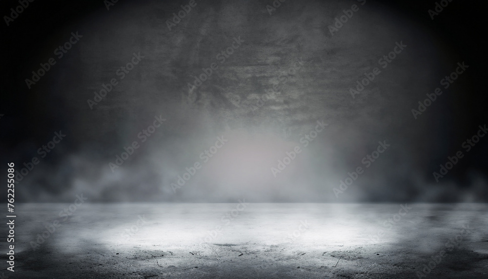 Poster empty space of studio dark room concrete floor grunge texture background with spot lighting and fog 