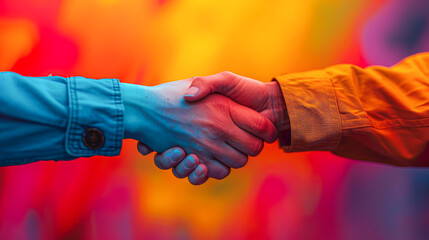 Two people shaking hands in front of a colorful background. Concept of unity and cooperation between the two individuals