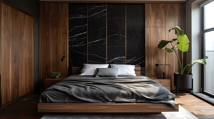 Embrace the simplicity and sophistication of Scandinavian design in your bedroom with a wooden wardrobe complemented by chic black marble doors.  attractive look