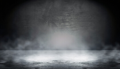 Empty space of Studio dark room concrete floor grunge texture background with spot lighting and fog or mist in background.