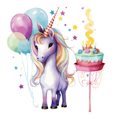 Watercolor Unicorn With Birthday cake and balloon