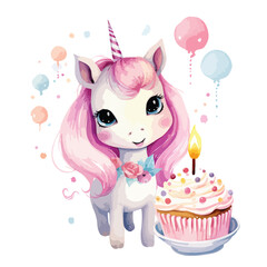 Watercolor Unicorn With Birthday cake and balloon