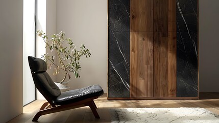 Embrace the simplicity and sophistication of Scandinavian design in your bedroom with a wooden wardrobe complemented by chic black marble doors.  attractive look - obrazy, fototapety, plakaty