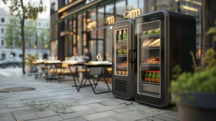 Smart fridges located in public spaces for easy pickup of preordered, gourmet togo meals , Highly detailed - obrazy, fototapety, plakaty