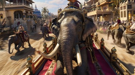 Virtual elephant rides in historical settings, sold as educational and entertainment experiences , 8k - obrazy, fototapety, plakaty