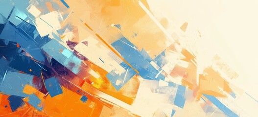 Abstract oil painting background with palette knife texture and layers of colors in blue, orange, red, yellow, white, and beige.