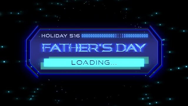 A futuristic blue neon sign reads Fathers Day Loading in white letters on a black background. The sign illuminates with a sleek and modern aesthetic