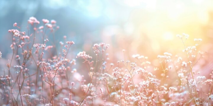 Soft pink wildflowers bask in ethereal sunlight, creating a dreamy, pastel scene.