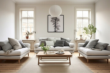 Inviting setup with two sofas and vintage table in Scandinavian style.