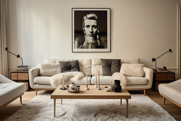 Inviting setup with two sofas and vintage table in Scandinavian style. - obrazy, fototapety, plakaty