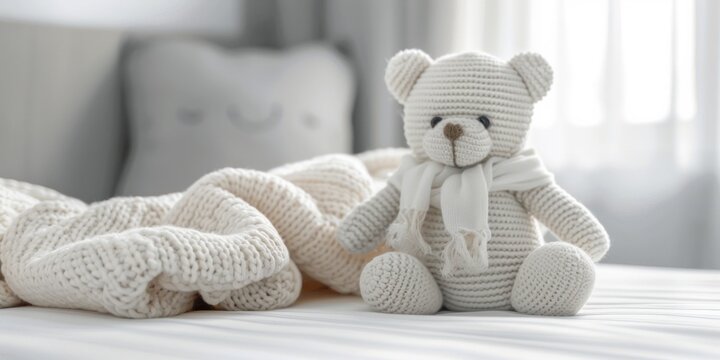 Soft focus image of a cozy crocheted teddy bear with a white scarf on a bed, evoking warmth and comfort.