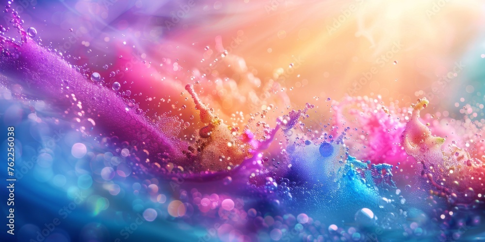 Poster vibrant paint splashes with bokeh effect in a dynamic, abstract composition.