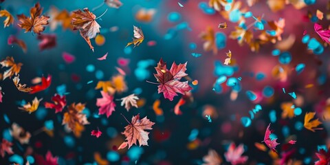 Dynamic scene of vivid autumn leaves suspended in mid-air with a bokeh effect.
