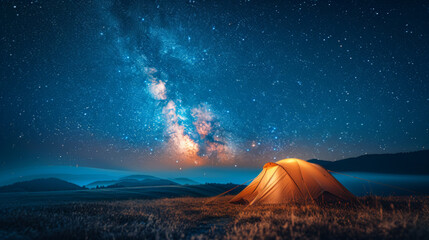 Modern Tent camping mountain under starry sky with milky way View of the serene landscape