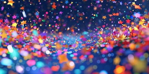 Colorful star-shaped confetti on a glittering dark background depicting celebration.