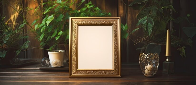 A rectangular picture frame rests on a sturdy hardwood table adorned with a houseplant, candles, and a window in the background casting tints and shades