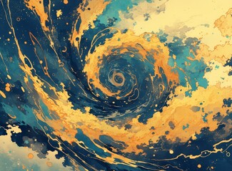 A swirling storm of clouds, with deep blue and yellow hues, creating an abstract representation of nature's power in the sky. 