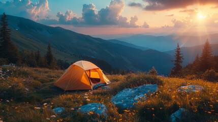 Modern Tent camping mountain under starry sky with milky way View of the serene landscape