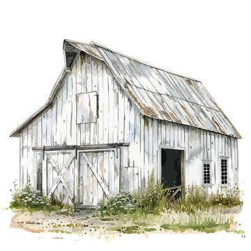 Watercolor White Farm Barn Clipart 