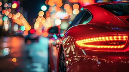 Close-up of a red sports car tail light with defocused city lights in the background.