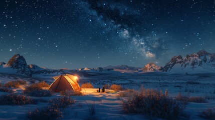 Fototapeta na wymiar Modern Tent camping mountain under starry sky with milky way View of the serene landscape