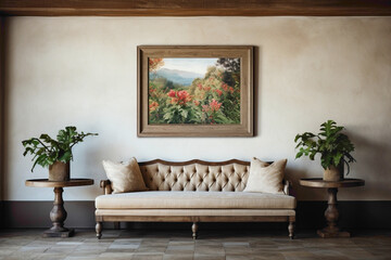 Inviting lounge area featuring twin sofas, a vintage wooden table, and an empty frame on the wall, ready for personalized artwork or text.