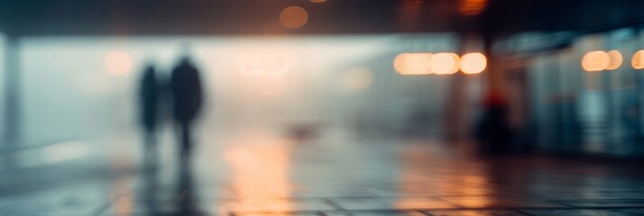 Fototapeta premium Abstract blurred silhouettes of people walking in urban space with warm light glow.