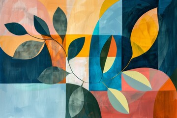Abstract painting in gouache style with leaf shapes and geometric shapes in natural colours created with Generative AI Technology