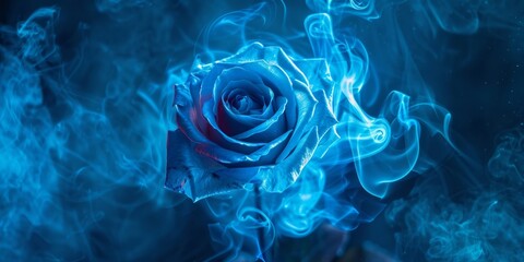 A single blue rose engulfed in swirling smoke, creating a mystical and artistic visual concept.