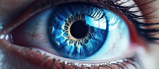 A closeup of a human eye with long electric blue eyelashes, highlighting the intricate details of the iris in macro photography. An artful circle of darkness, a fashionable accessory