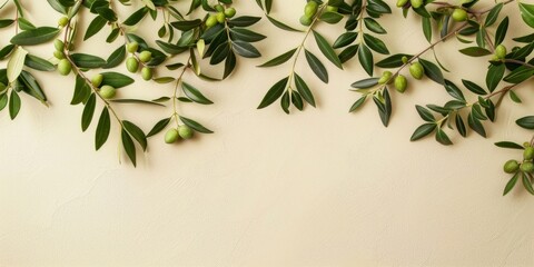 Flat lay of fresh olive branches with green olives on a cream background. - obrazy, fototapety, plakaty