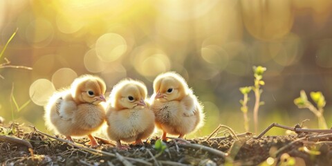Adorable fluffy chicks huddled together enjoying the warm sunlight on nature's backdrop.