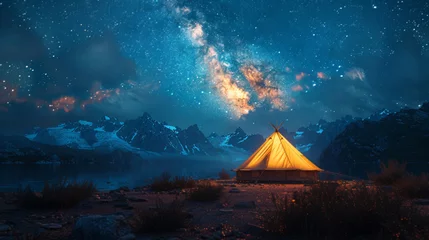 Zelfklevend Fotobehang Modern Tent camping mountain under starry sky with milky way View of the serene landscape © ND STOCK