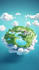 A floating green island with homes, trees, and a lake amidst fluffy clouds