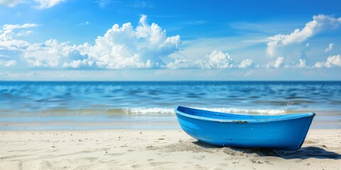 Serene scene of a solitary blue boat on a sandy beach with a vast cloudy sky above.