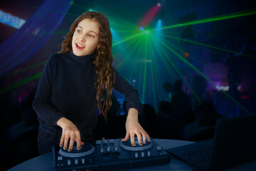 Collage with happy beautiful girl with curly hair sings behind DJ console on night club background