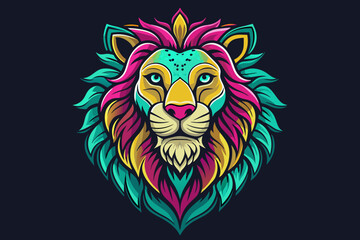 a hippy lion head, print ready vector t-shirt design, sticker dark black background, professional vector, high detail, t-shirt design, graffiti, vibrant, Use only all shades of magenta, teal blue 