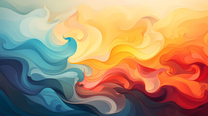 Abstract background with swirling colors and shapes; Flowing waves in orange, blue, red, and yellow