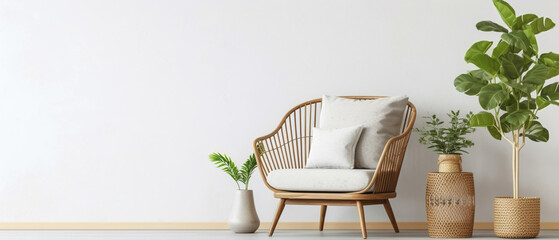 Infuse your space with the charm of boho chic in a contemporary living room featuring a wicker chair, floor vases, and a blank mockup poster frame against a bright white backdrop.