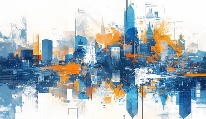 Abstract Blue, Orange and White Painting of Cityscape with Lightsteal Background 