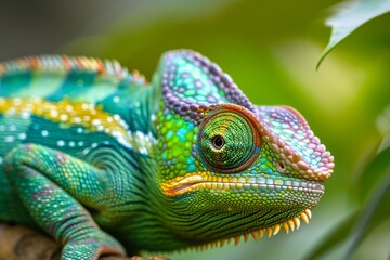 Obraz premium Green colored chameleon close up. Generative AI.