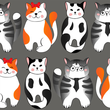 Seamless pattern with cute red and grey cats on grey background. Vector illustration for children.
