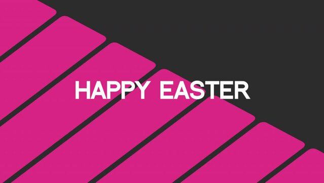 A gradient pink and black background displaying the words Happy Easter in white letters, arranged diagonally from the top to bottom of the image