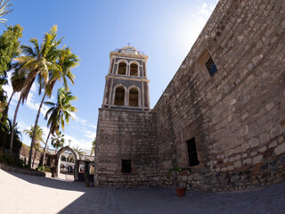 Fototapeta na wymiar Loreto old mission on sunny day Baja California Sur Mexico