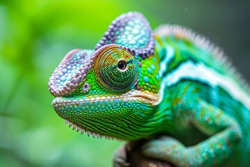 Fototapeta premium Green colored chameleon close up. Generative AI.
