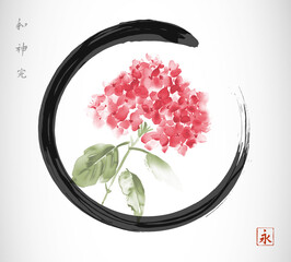 Ink painting of pink hydrangea flowers in black enso zen circle. Traditional oriental ink painting sumi-e, u-sin, go-hua. Hieroglyphs - harmony, spirit, perfection, eternity.