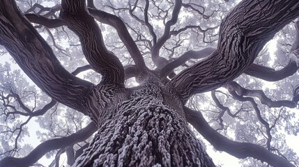 Upward view of a majestic tree with a complex branching structure.