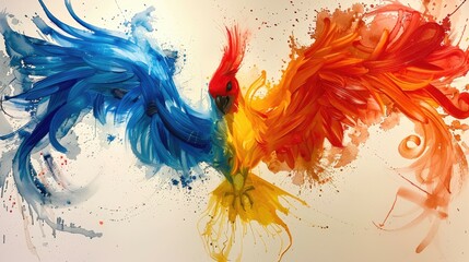 An abstract art piece of two birds in blue and red hues with dynamic splatters. - obrazy, fototapety, plakaty