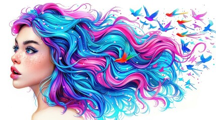 Fototapeta premium Vibrant portrait of a woman with flowing blue and pink hair with birds.